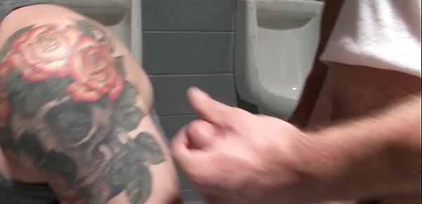  Pissing jock in restroom fucks until cumshot